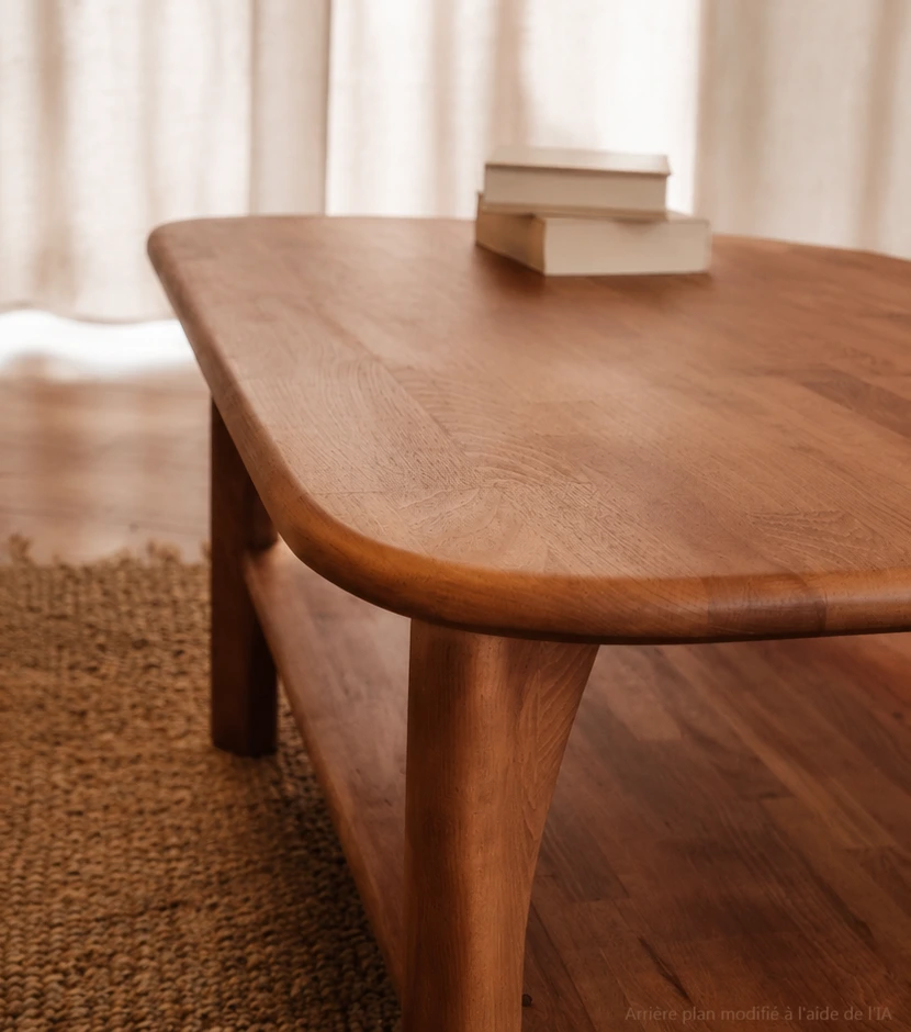 détail : un angle de table basse en bois sur mesure réalisée par Matière Vive, atelier d&amp;#39;ébénisterie d&amp;#39;Angers