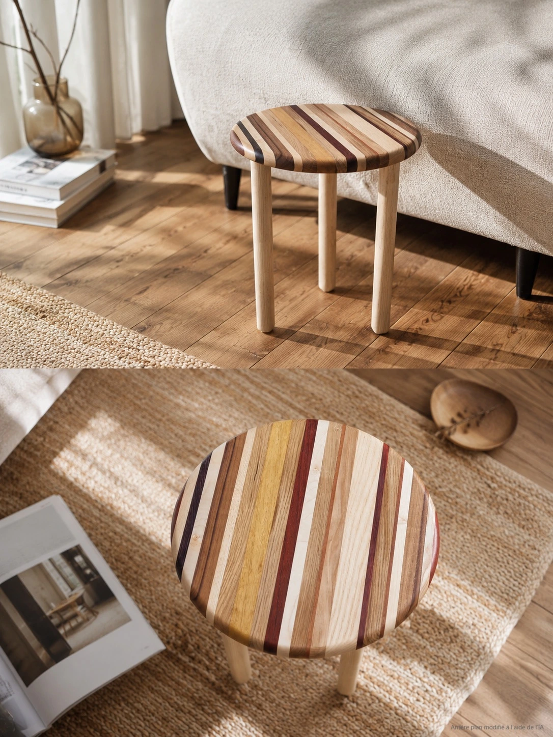 tabouret en bois de réemploi réalisé par Matière Vive, atelier d'ébénisterie d'Angers